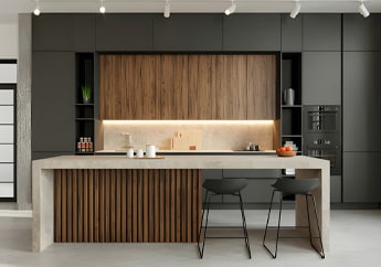 Plano general de una cocina con barra de concreto