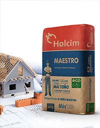 Bulto de Mortero Cemento Maestro con fondo blanco y una obra negra de menor tamaño en la parte de atrás