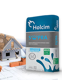 Un bulto de Mortero Supra con fondo blanco y una casa a tamaño escala detrás