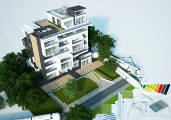 Maqueta de edificio rodeado de arboles y planos de construcción